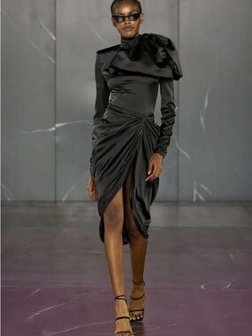PrettyLittleThing X NAOMI CAMPBELL BLACK Satin Midi Dress with BOW